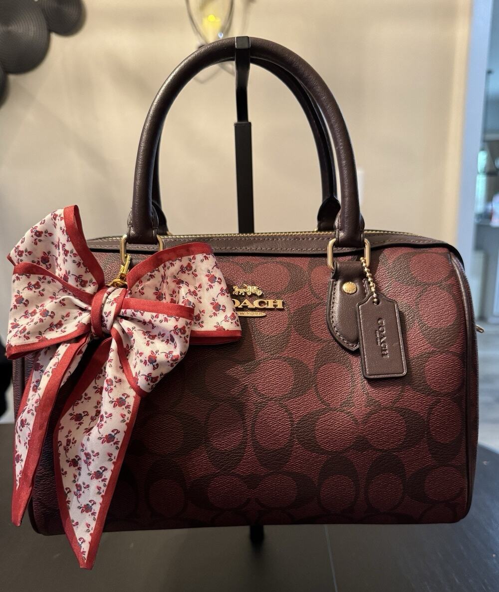 NWOT Coach Rowan Satchel Signature Canvas Black Currant Floral Bow